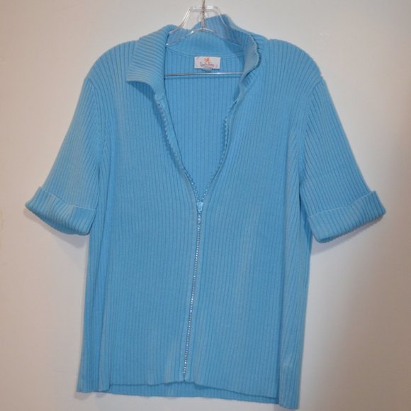 Quacker Factory Knit Blue Jacket Short Sleeves Zip-Up with Strases Women L - Picture 2 of 7